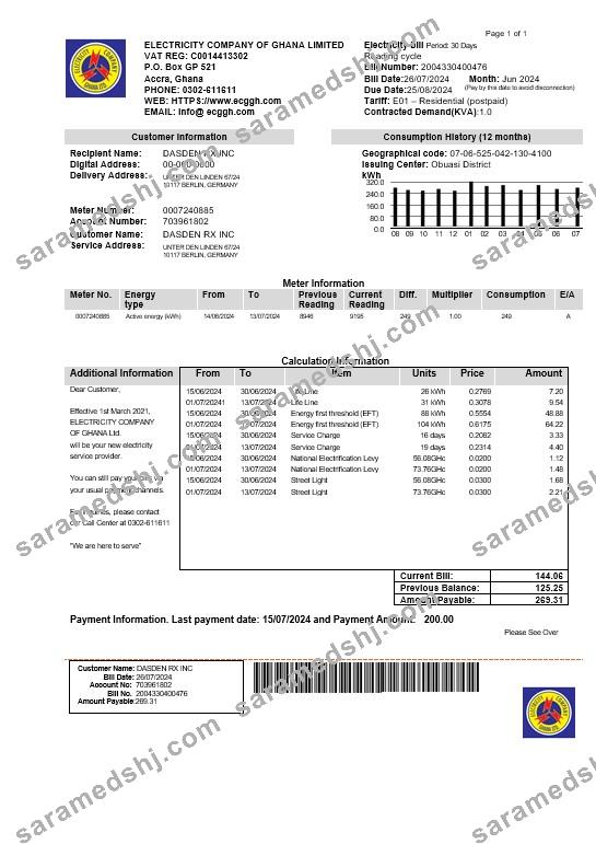 Ghana Electricity Company of Ghana  business utility bill template in Word and PDF formats